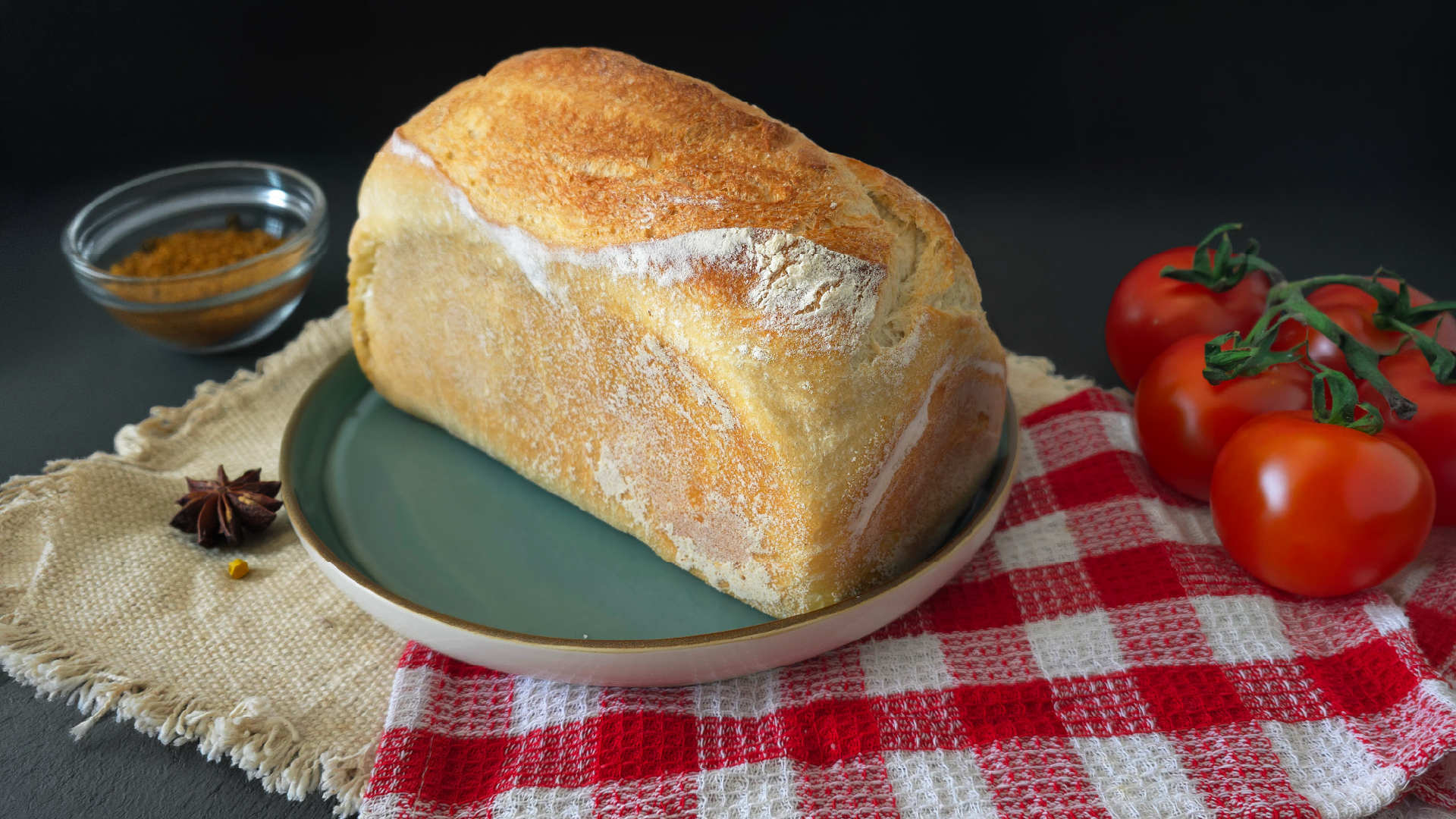 pan masa madre blanco, con tomates y especias al rededor